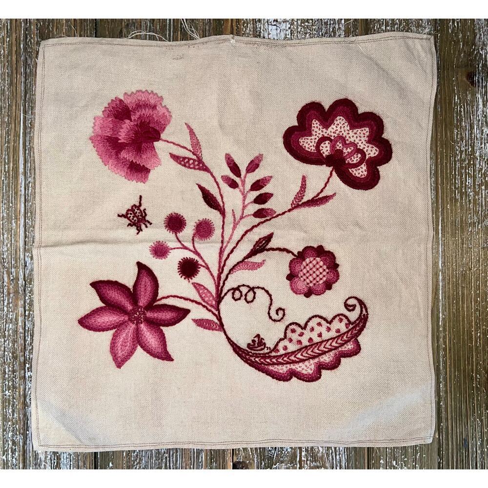 Vintage Embroidery‎ Flowers Ladybug Boho Cottagecore Pink 13x13 Fabric